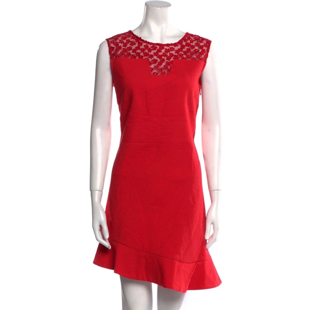 Maje Size 1 Red Asymmetrical Mini Dress Floral Embroidered Mesh Faubourg Ruffle